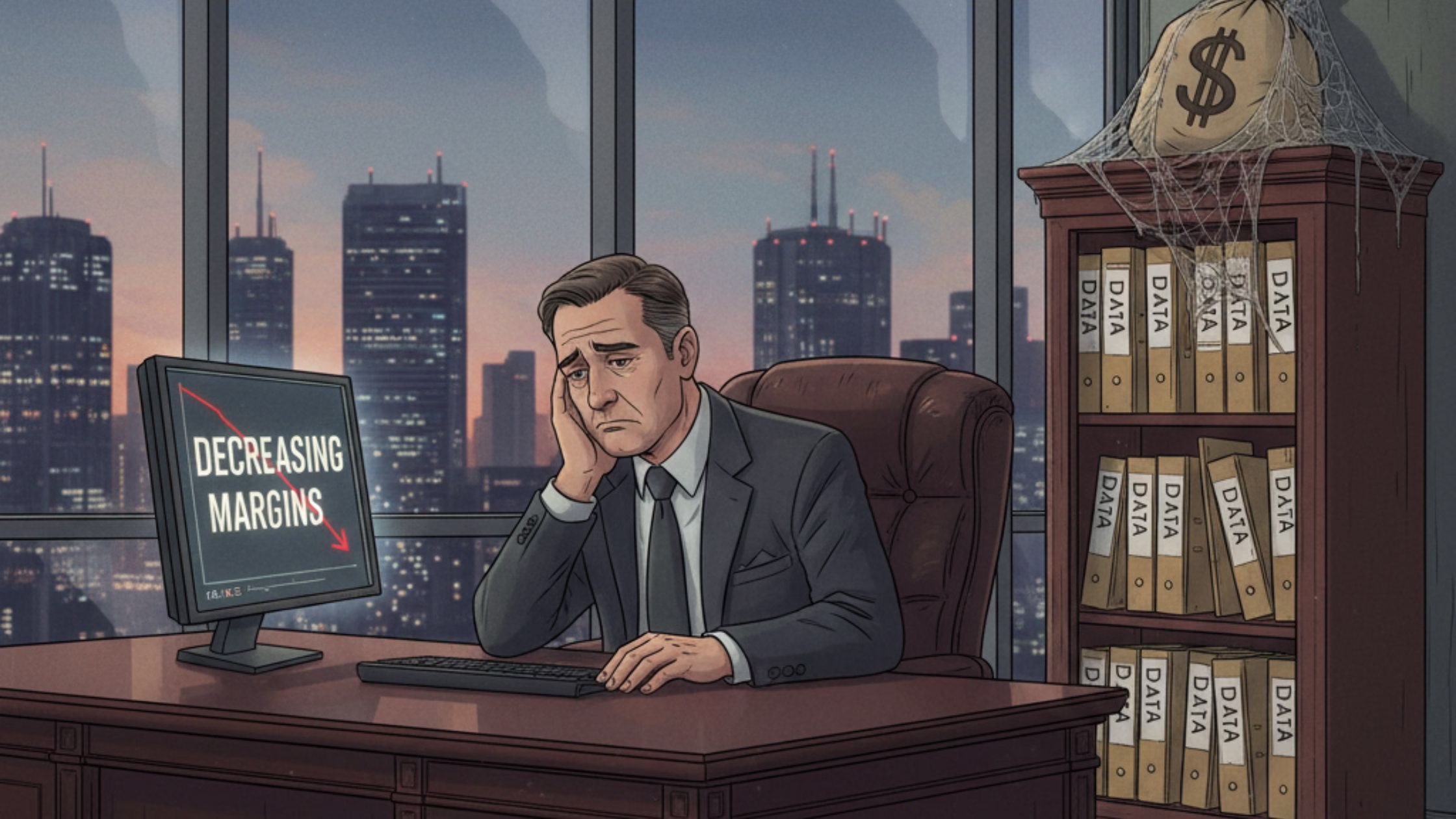 A stressed executive represents the challenges before AI in real estate, seeing decreasing margins on his screen. Behind him, binders of unused data and a cobwebbed money bag show the missed real estate AI opportunity and poor ROI of AI in real estate until AI proptech solutions are used for commercial real estate data analytics.